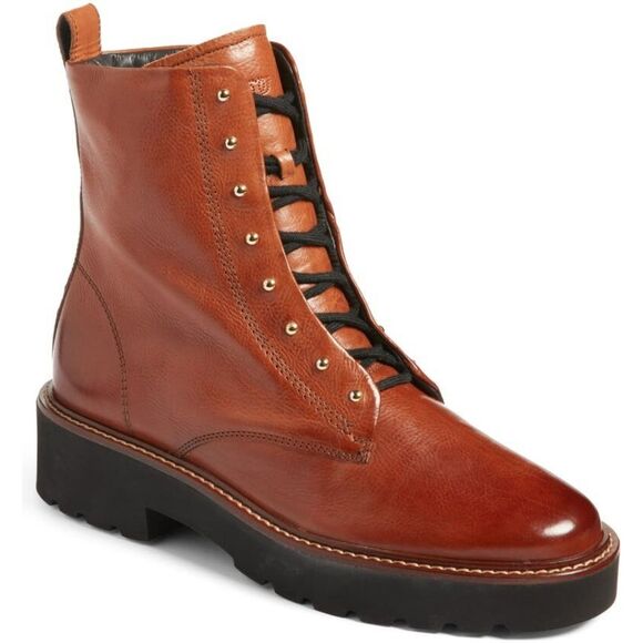 NIB Paul Green Joan Lace-Up Combat Ankle Bootie in Cognac Brown Leather Size 6 - Picture 2 of 11